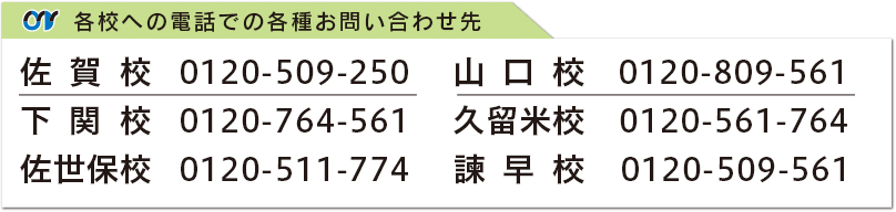 各校への電話でのお問い合わせ先